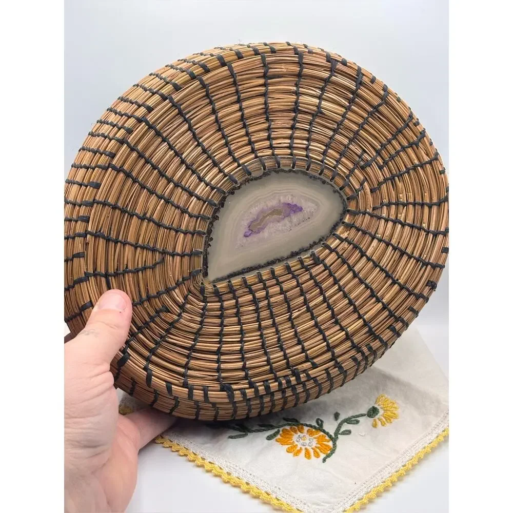 Handmade Pine Needle Basket Featuring a Polished Purple Agate Stone Center Base